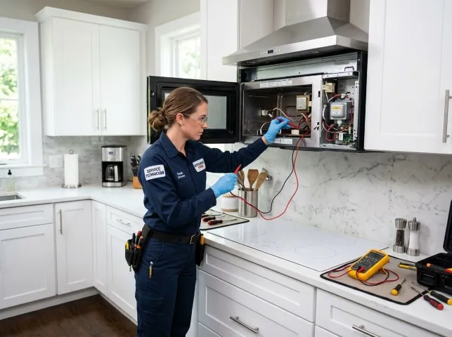 Appliance Repair Hero technician testing an over-the-range microwave in a Brandy Station, VA kitchen